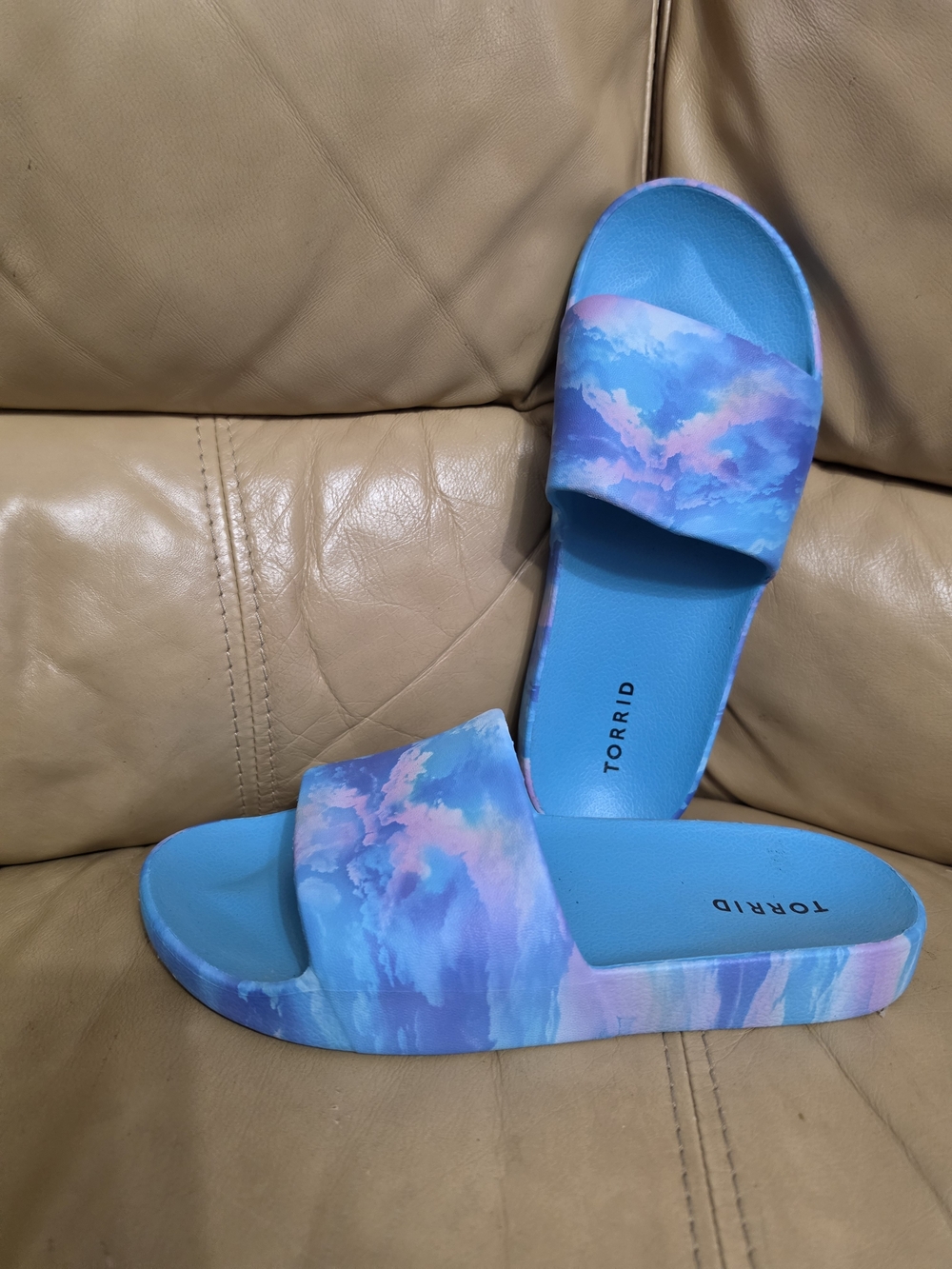torrid Turquoise & Pink Cloud Print Slide Sandals